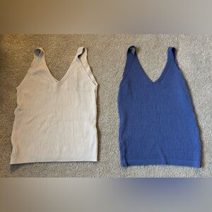 Ribbed Knit V-Neck Tank Top - Blue and Cream